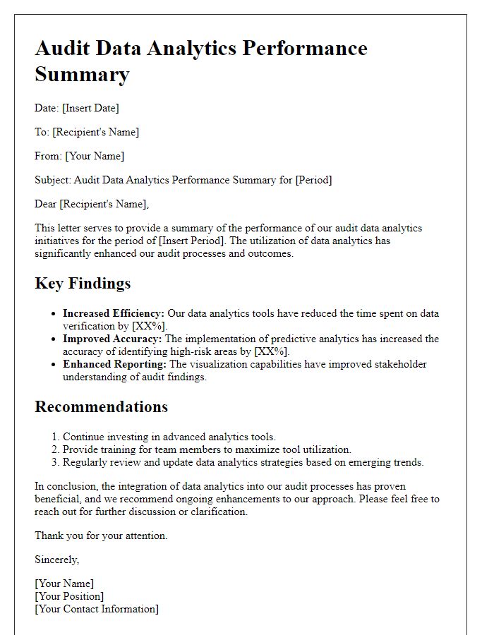 Letter template of audit data analytics performance summary