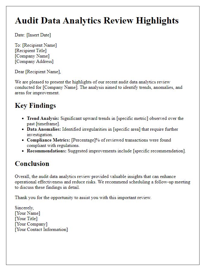 Letter template of audit data analytics review highlights