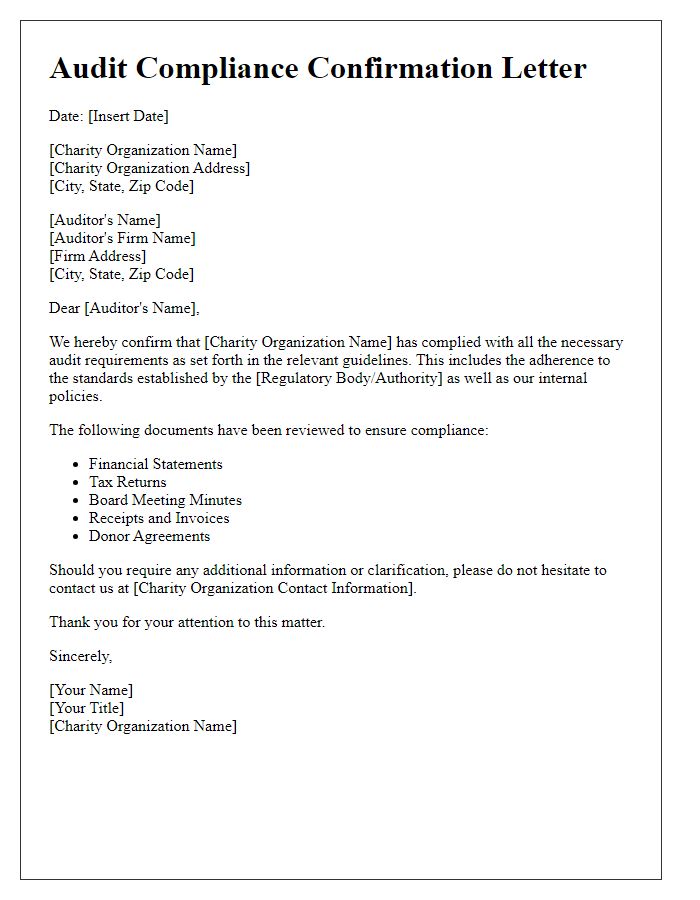 Letter template of charity organization audit compliance confirmation.