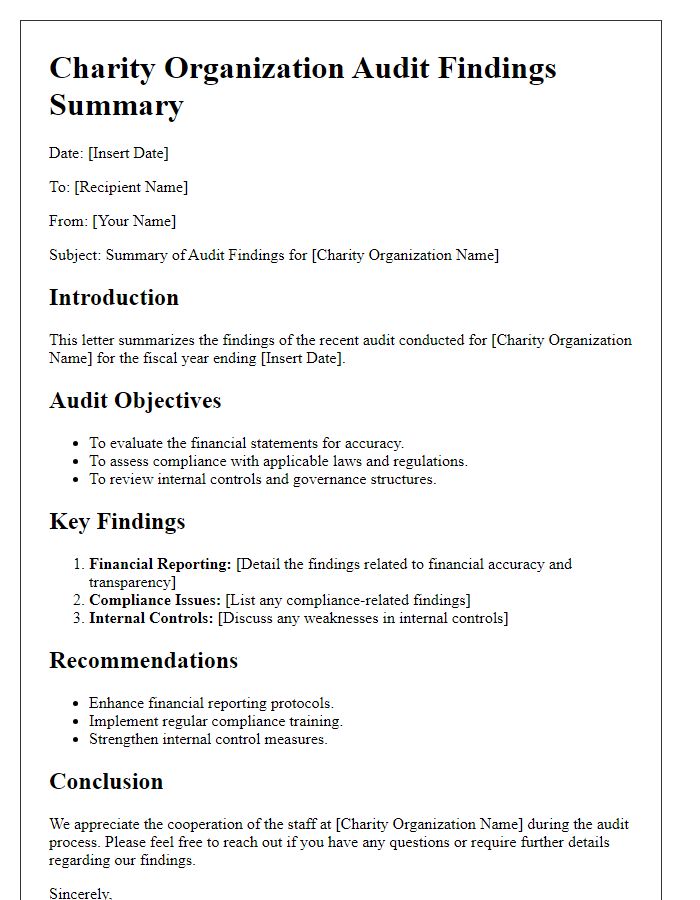 Letter template of charity organization audit findings summary.