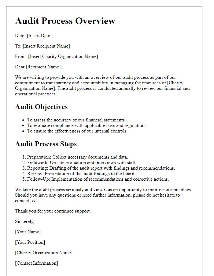 Letter template of charity organization audit process overview.