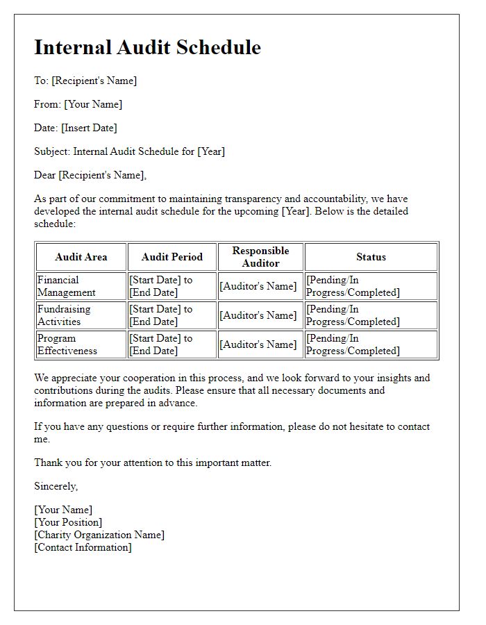 Letter template of charity organization internal audit schedule.