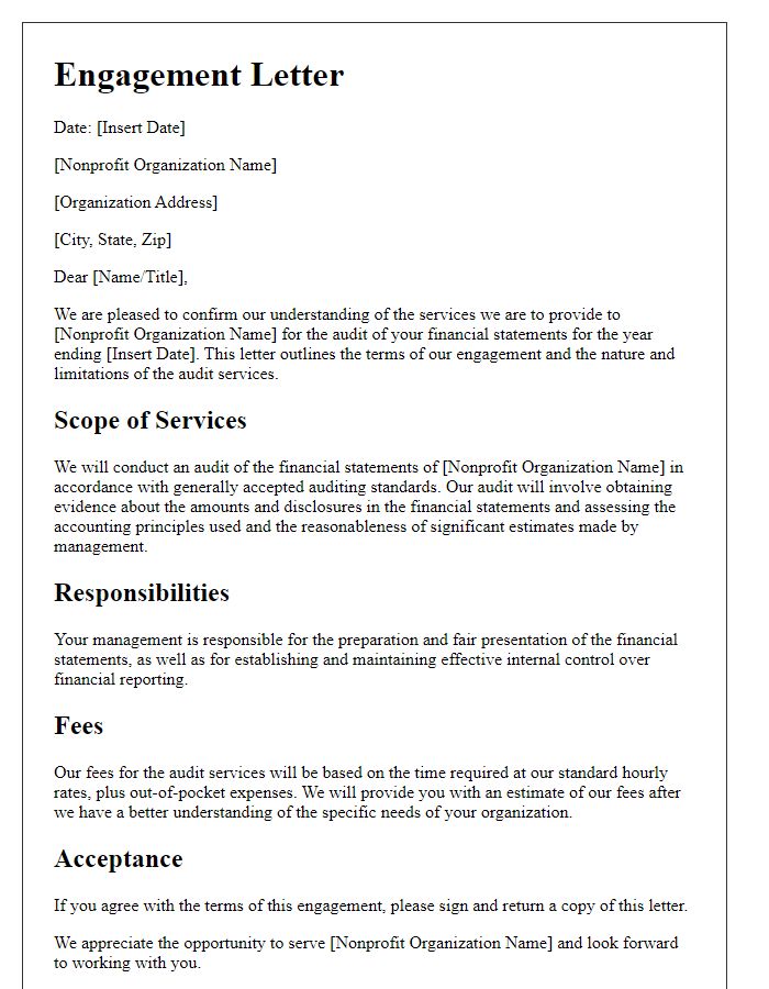 Letter template of engagement letter for nonprofit audit services