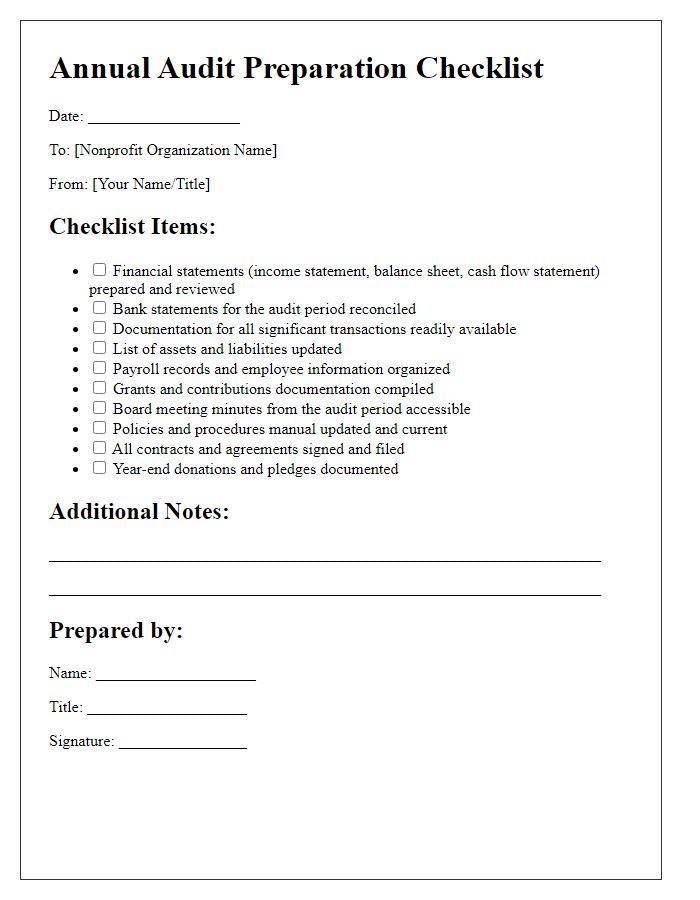 Letter template of Annual Audit Preparation Checklist for Nonprofits