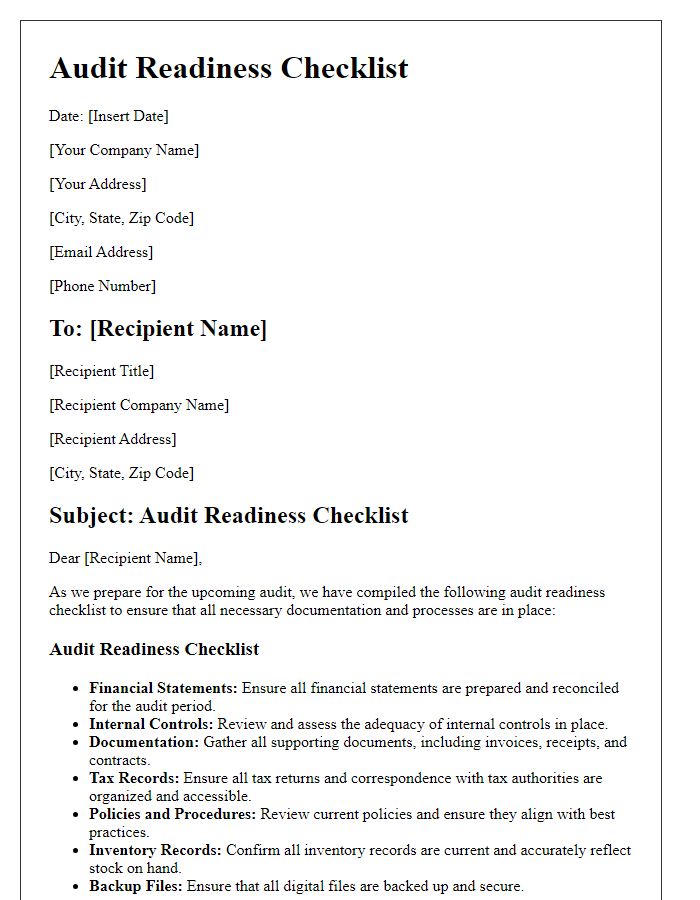 Letter template of Audit Readiness Checklist for Small Businesses