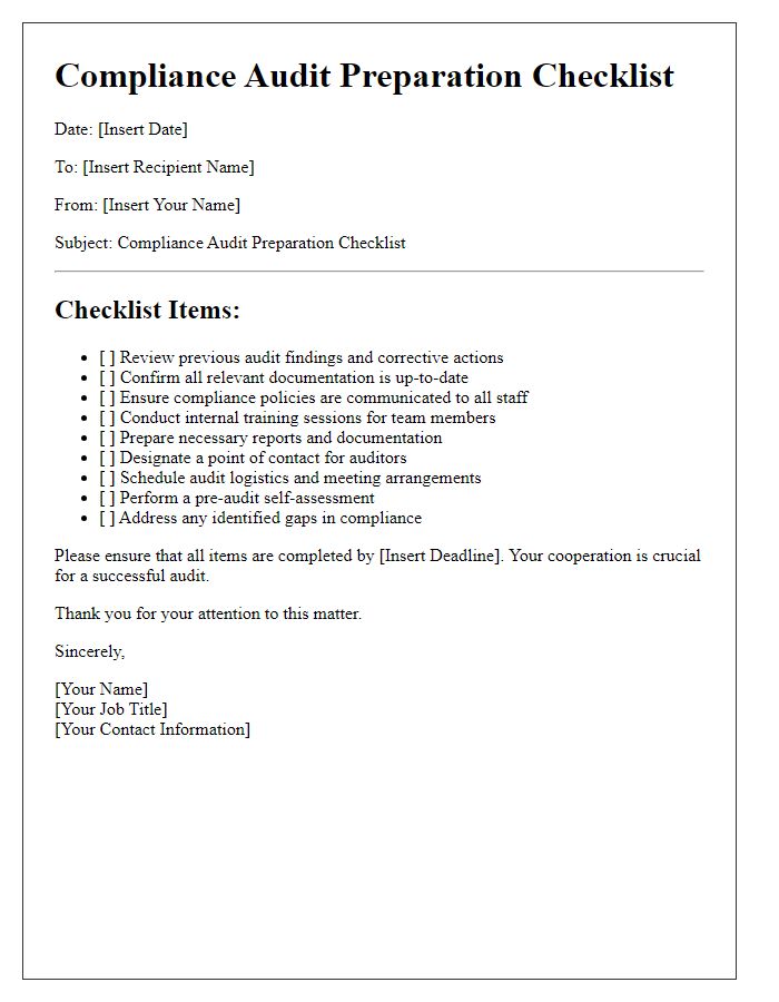 Letter template of Compliance Audit Preparation Checklist