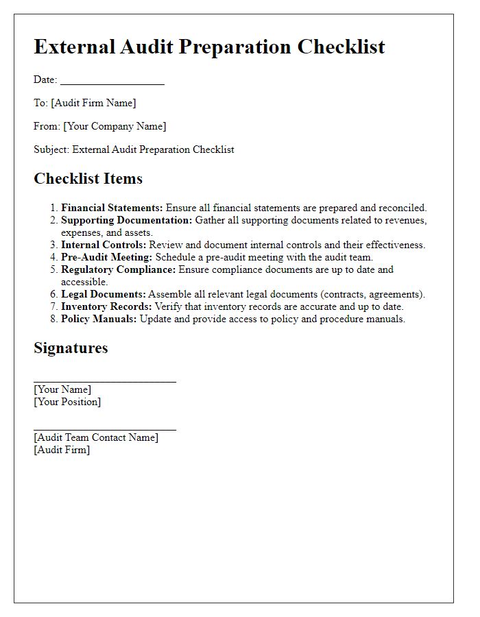 Letter template of External Audit Preparation Checklist for Corporations