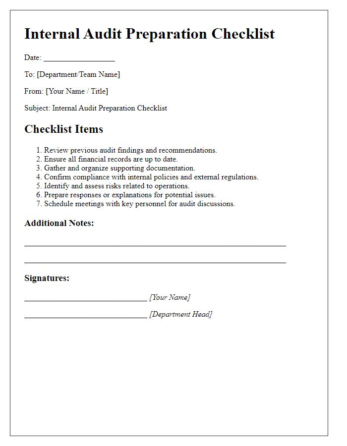 Letter template of Internal Audit Preparation Checklist