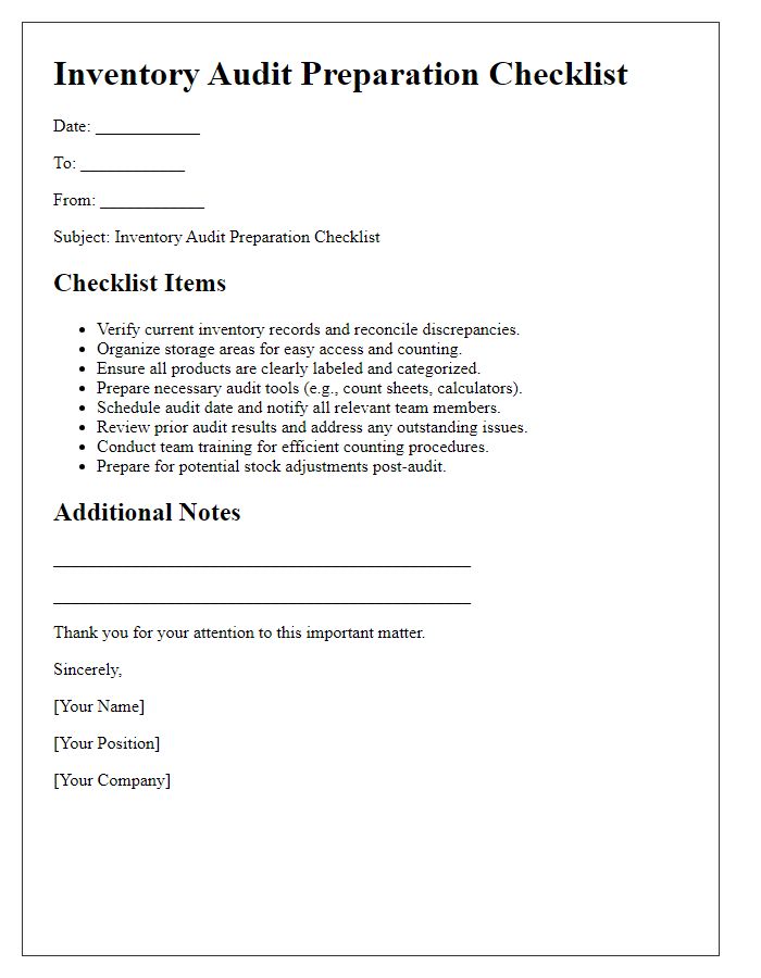 Letter template of Inventory Audit Preparation Checklist