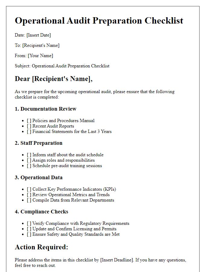 Letter template of Operational Audit Preparation Checklist