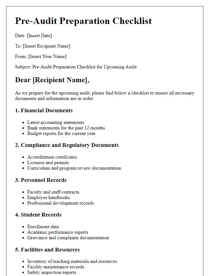 Letter template of Pre-Audit Preparation Checklist for Educational Institutions