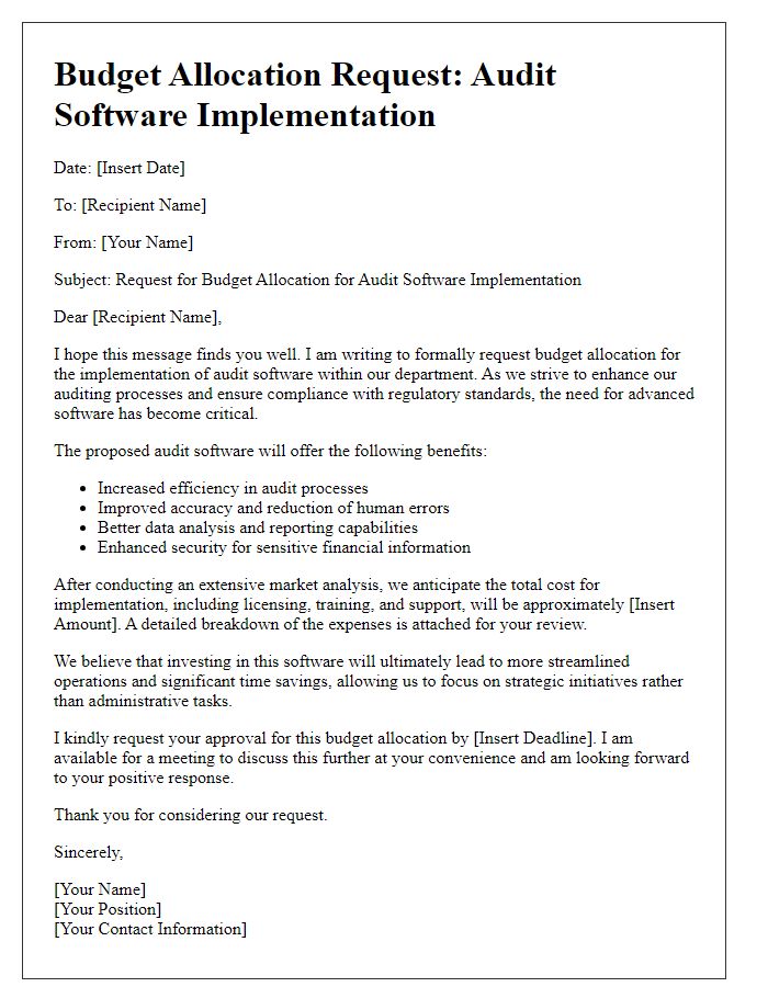 Letter template of audit software implementation budget allocation request