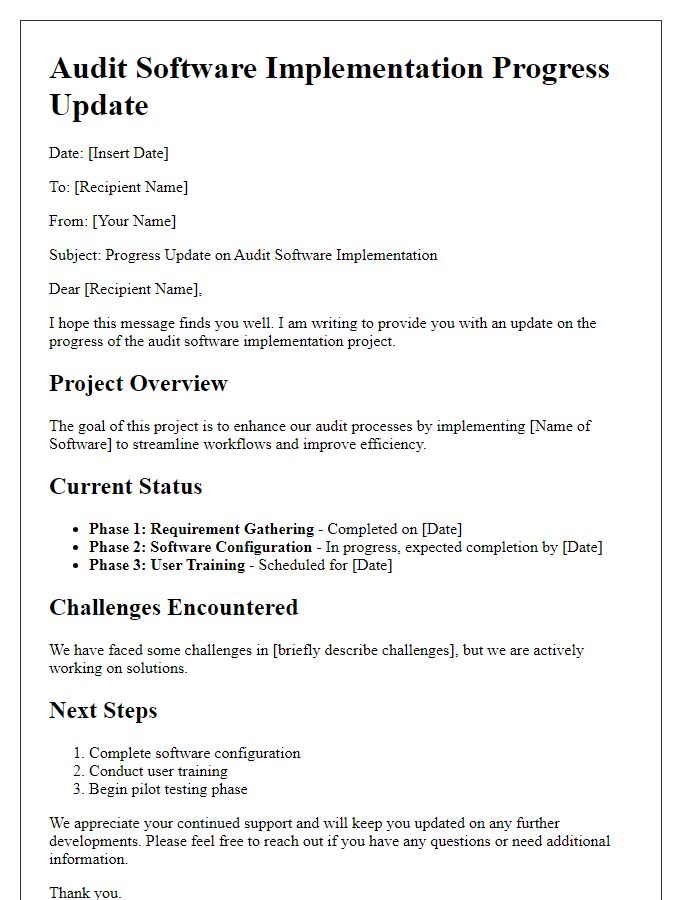 Letter template of audit software implementation progress update