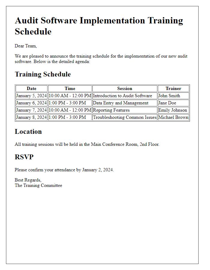 Letter template of audit software implementation training schedule