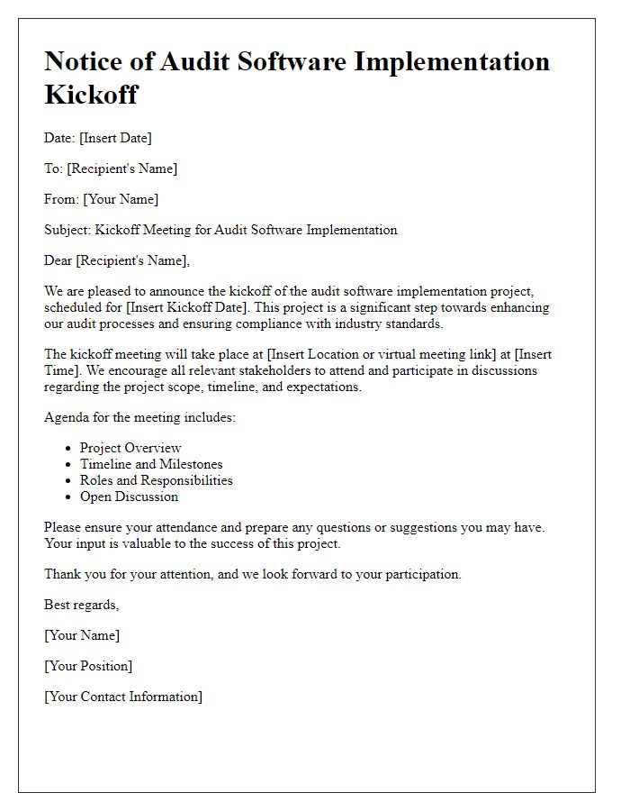 Letter template of notice for audit software implementation kickoff