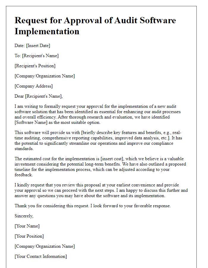 Letter template of request for audit software implementation approval