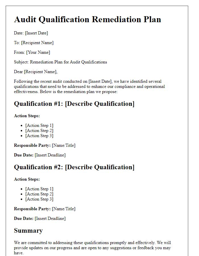 Letter template of audit qualification remediation plan