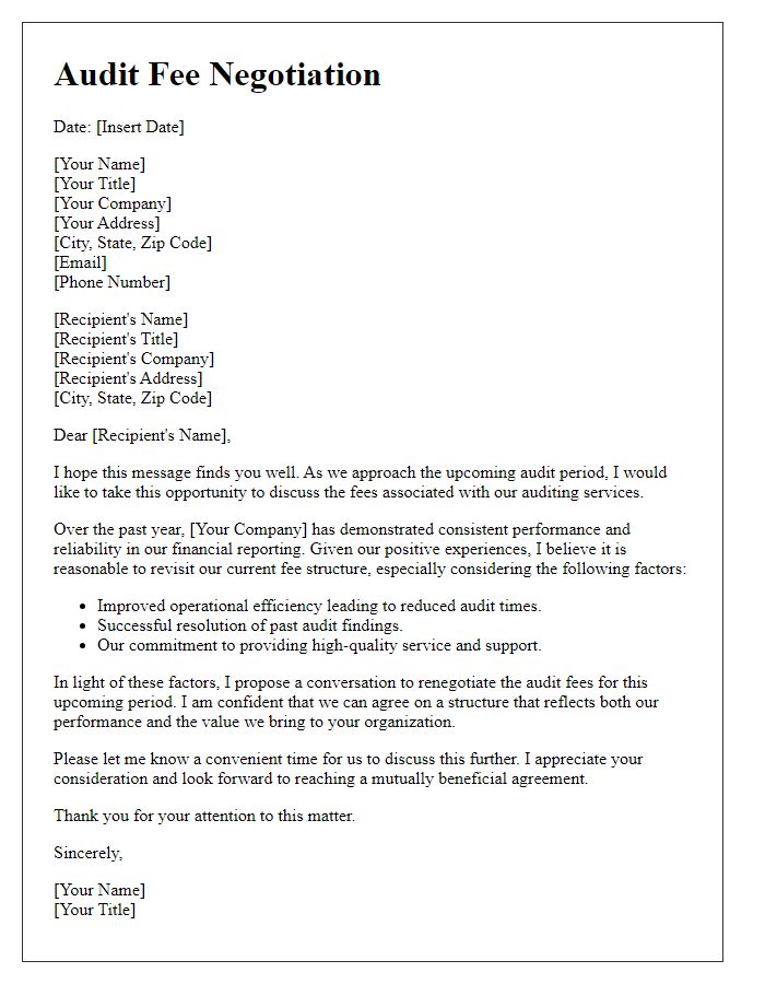 Letter template of audit fee negotiation based on past performance.