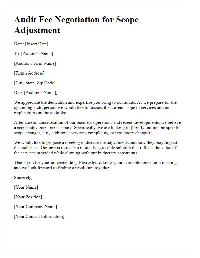 Letter template of audit fee negotiation for scope adjustment.