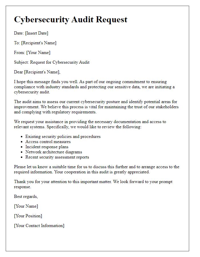 Letter template of cybersecurity audit request for compliance purposes