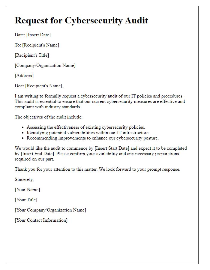 Letter template of cybersecurity audit request for IT policy assessment