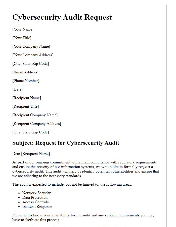 Letter template of cybersecurity audit request for regulatory requirements