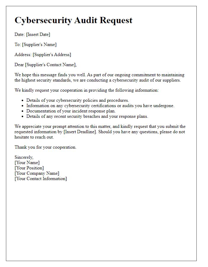 Letter template of cybersecurity audit request for supplier security verification