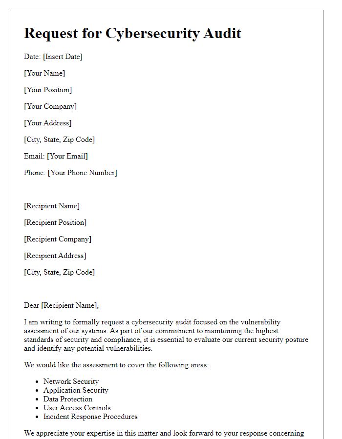 Letter template of cybersecurity audit request for system vulnerability assessment