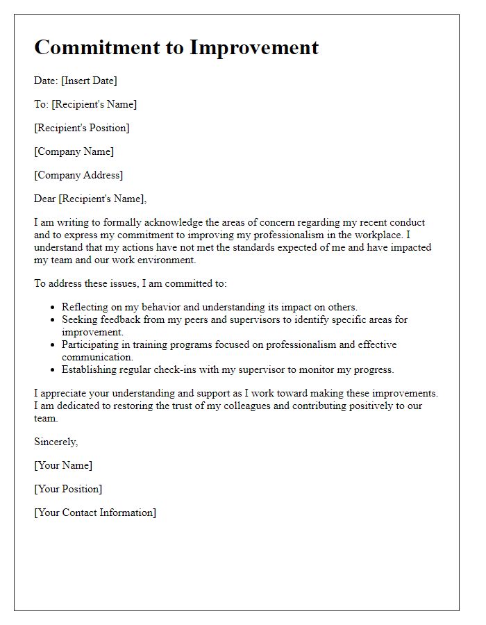 Letter template of commitment to improve following unprofessionalism.