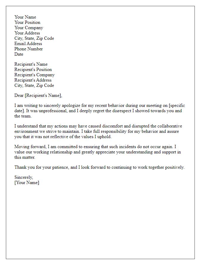 Letter template of formal apology for workplace disrespect.