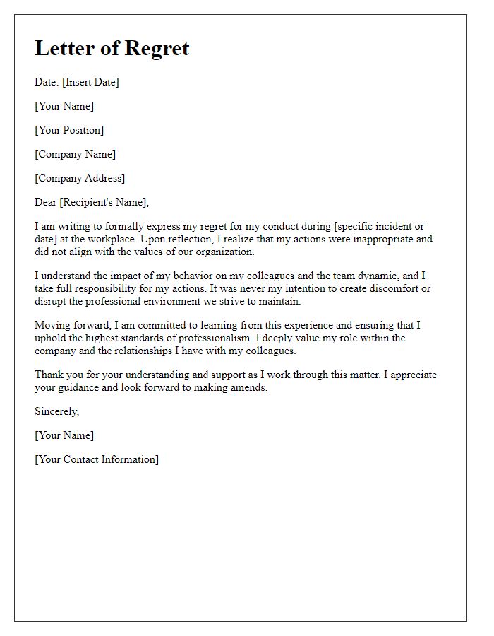 Letter template of regret for inappropriate workplace conduct.