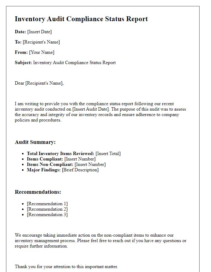 Letter template of inventory audit compliance status report