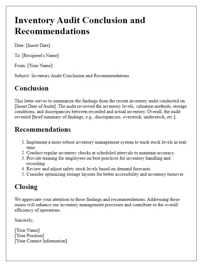 Letter template of inventory audit conclusion and recommendations