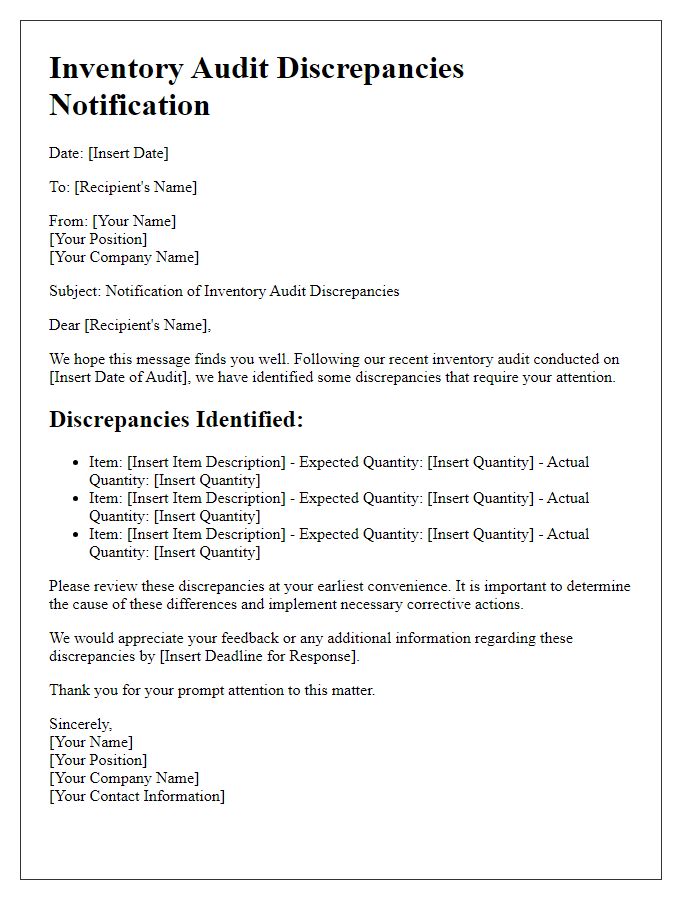 Letter template of inventory audit discrepancies notification