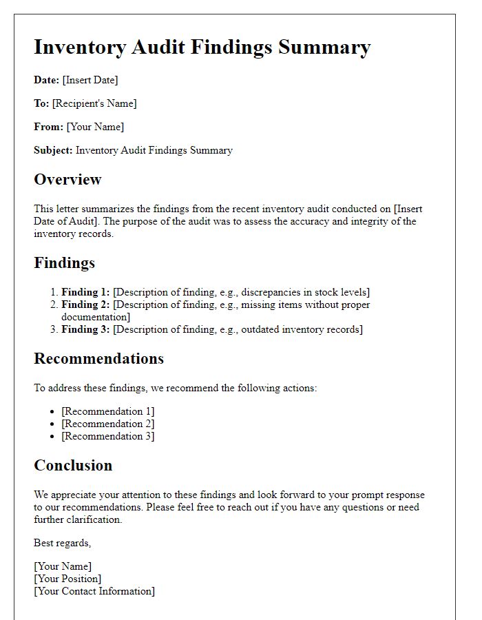 Letter template of inventory audit findings summary