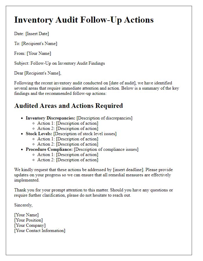 Letter template of inventory audit follow-up actions