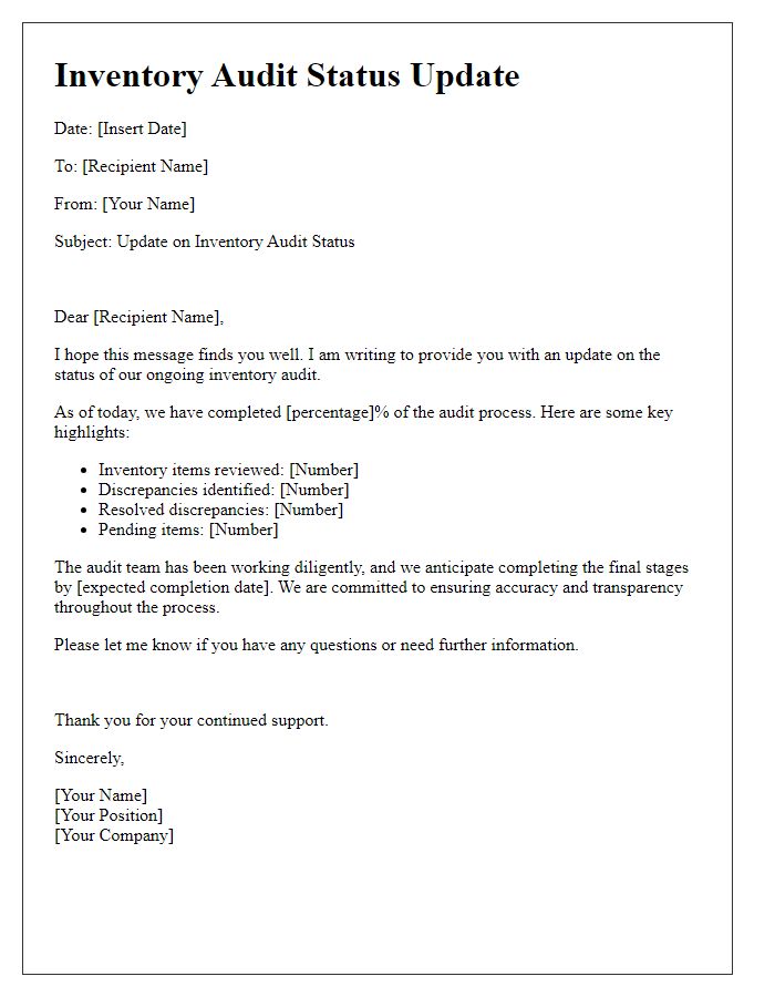 Letter template of inventory audit status update