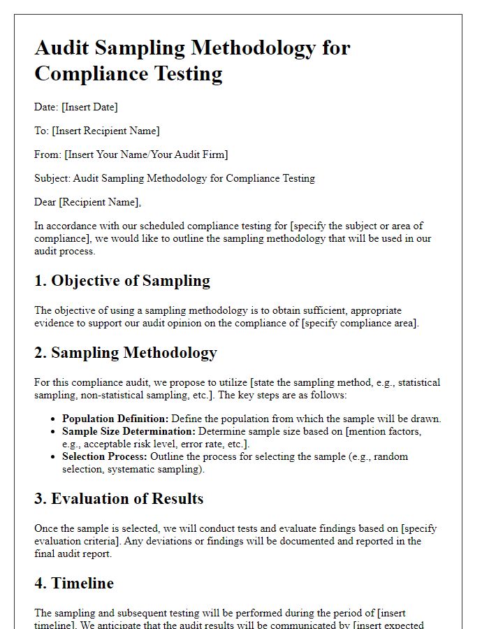 Letter template of audit sampling methodology for compliance testing.