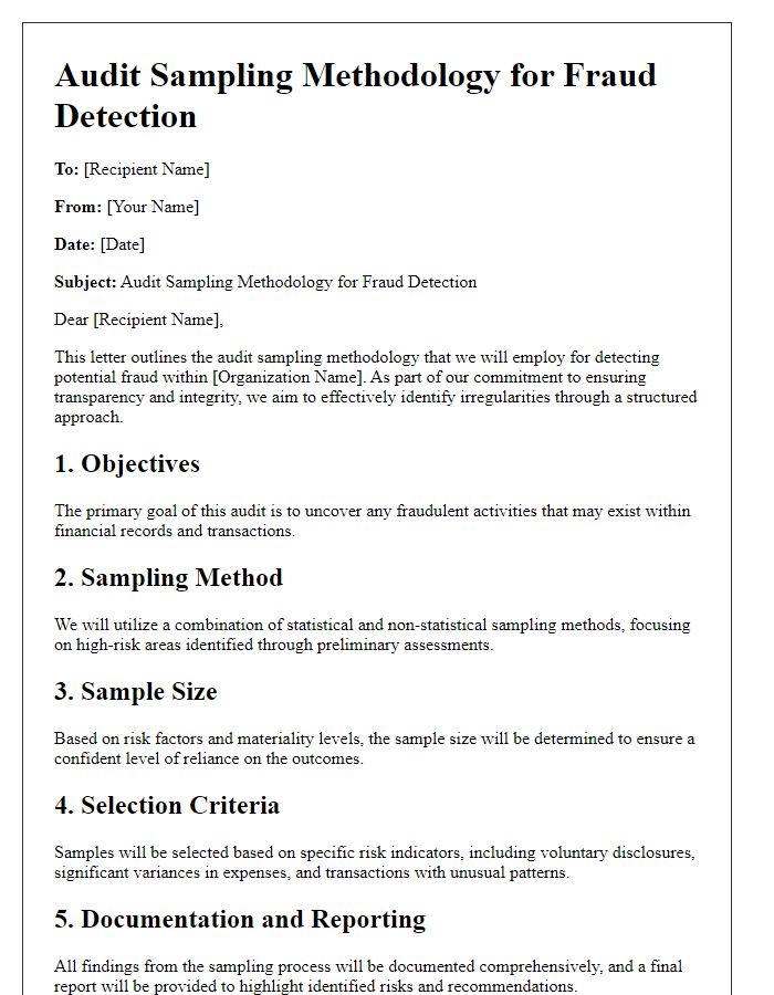 Letter template of audit sampling methodology for fraud detection.