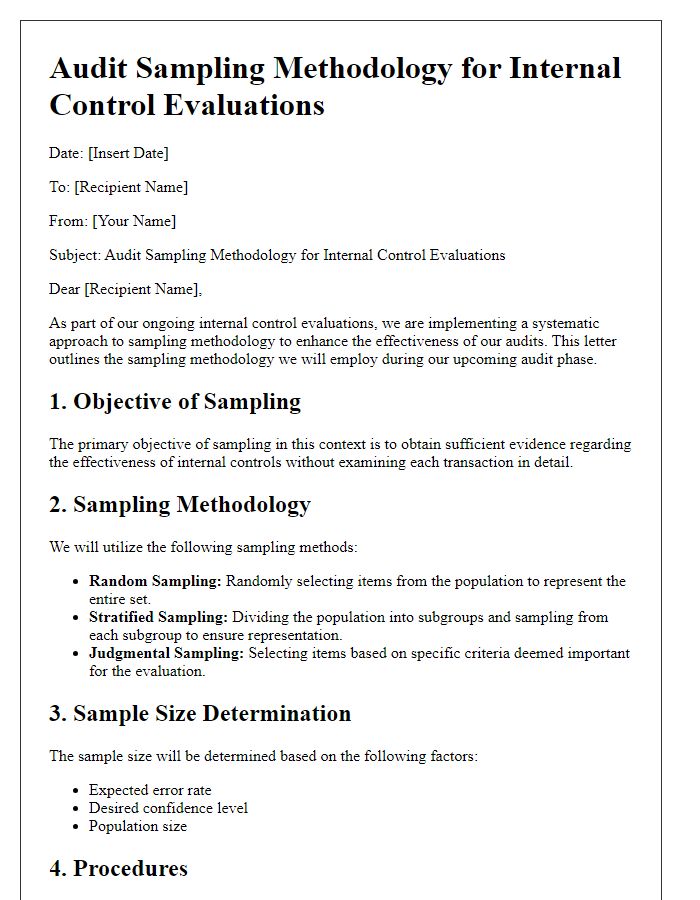 Letter template of audit sampling methodology for internal control evaluations.