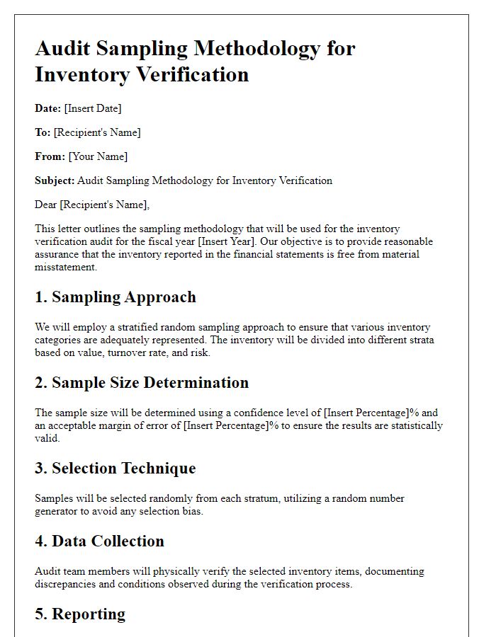 Letter template of audit sampling methodology for inventory verification.