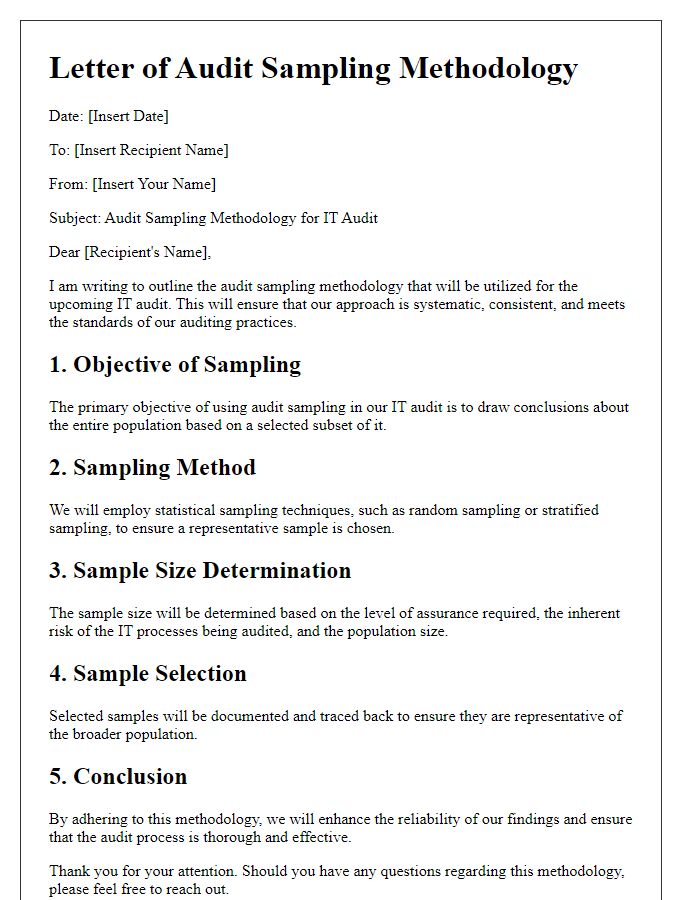 Letter template of audit sampling methodology for IT audits.