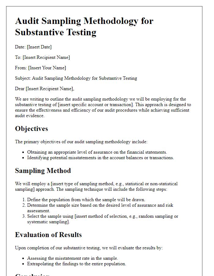 Letter template of audit sampling methodology for substantive testing.