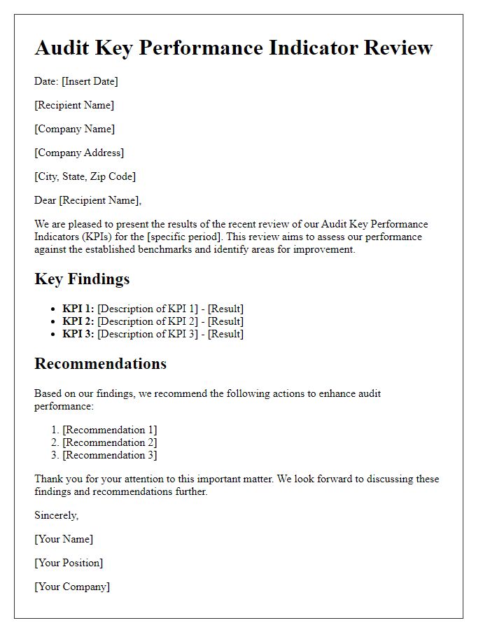 Letter template of Audit Key Performance Indicator Review