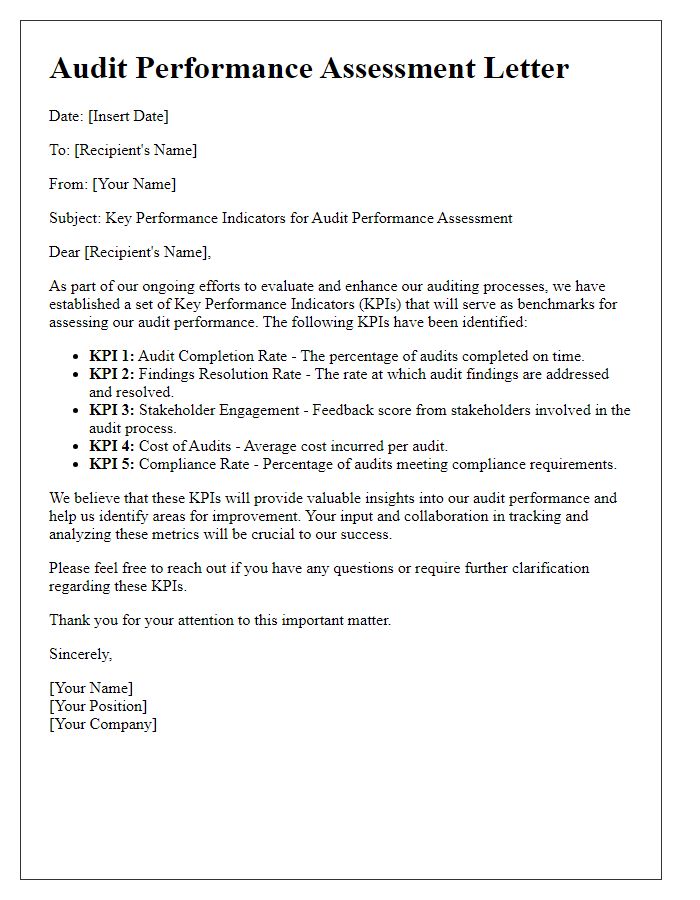 Letter template of KPIs for Audit Performance Assessment