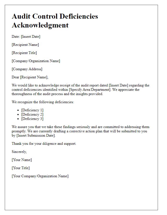 Letter template of audit control deficiencies acknowledgment