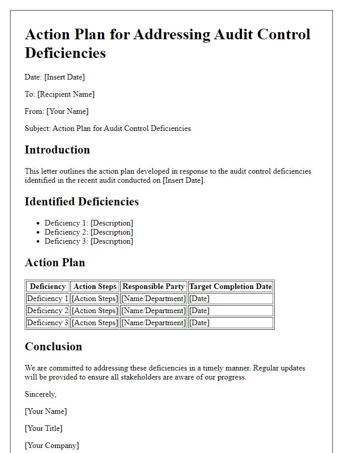 Letter template of audit control deficiencies action plan