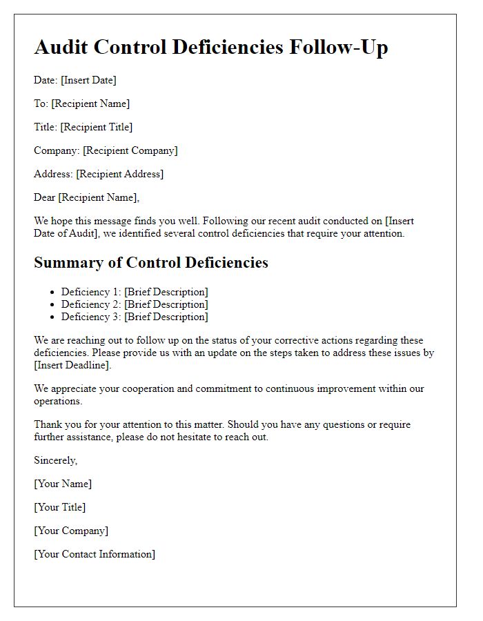 Letter template of audit control deficiencies follow-up