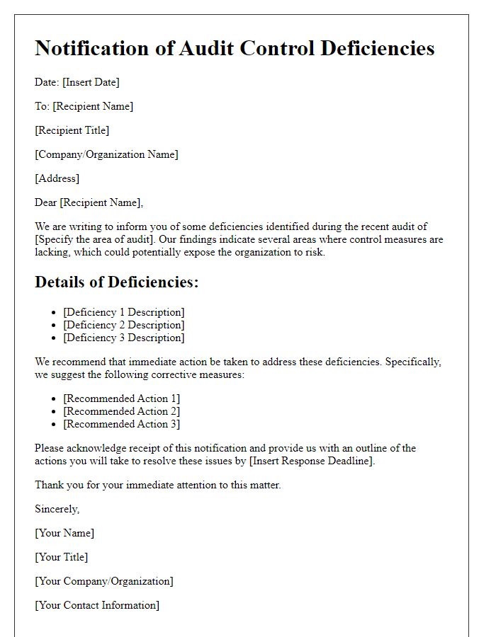 Letter template of audit control deficiencies notification