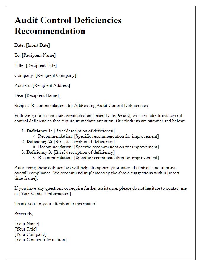 Letter template of audit control deficiencies recommendation